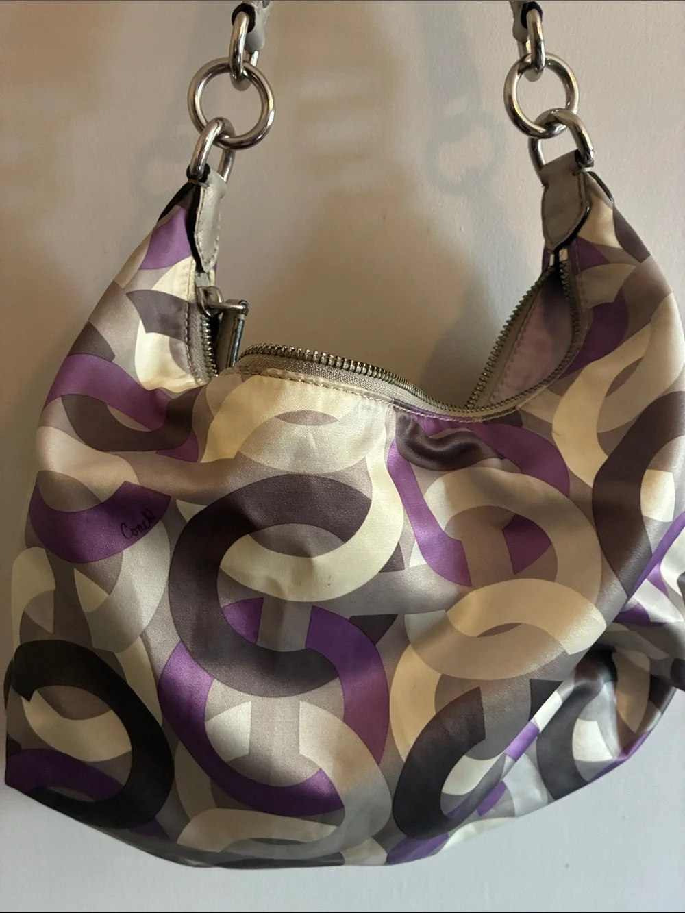 Authentic Coach-Madison Op-Art Sateen Hailey Hobo Bag Purp Gry Crm 14291 Y2K
